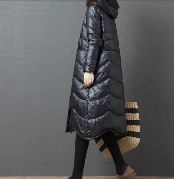 Black Hooded Long Puffer Coat Winter Duck Down Jacket Loose Down Jacket 23001