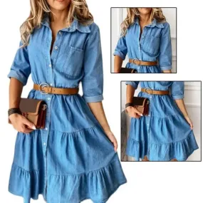 Classic Denim Casual Dress With Belt