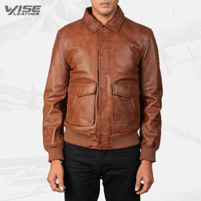 Classic Men's Brown Leather Aviator Bomber Jacket