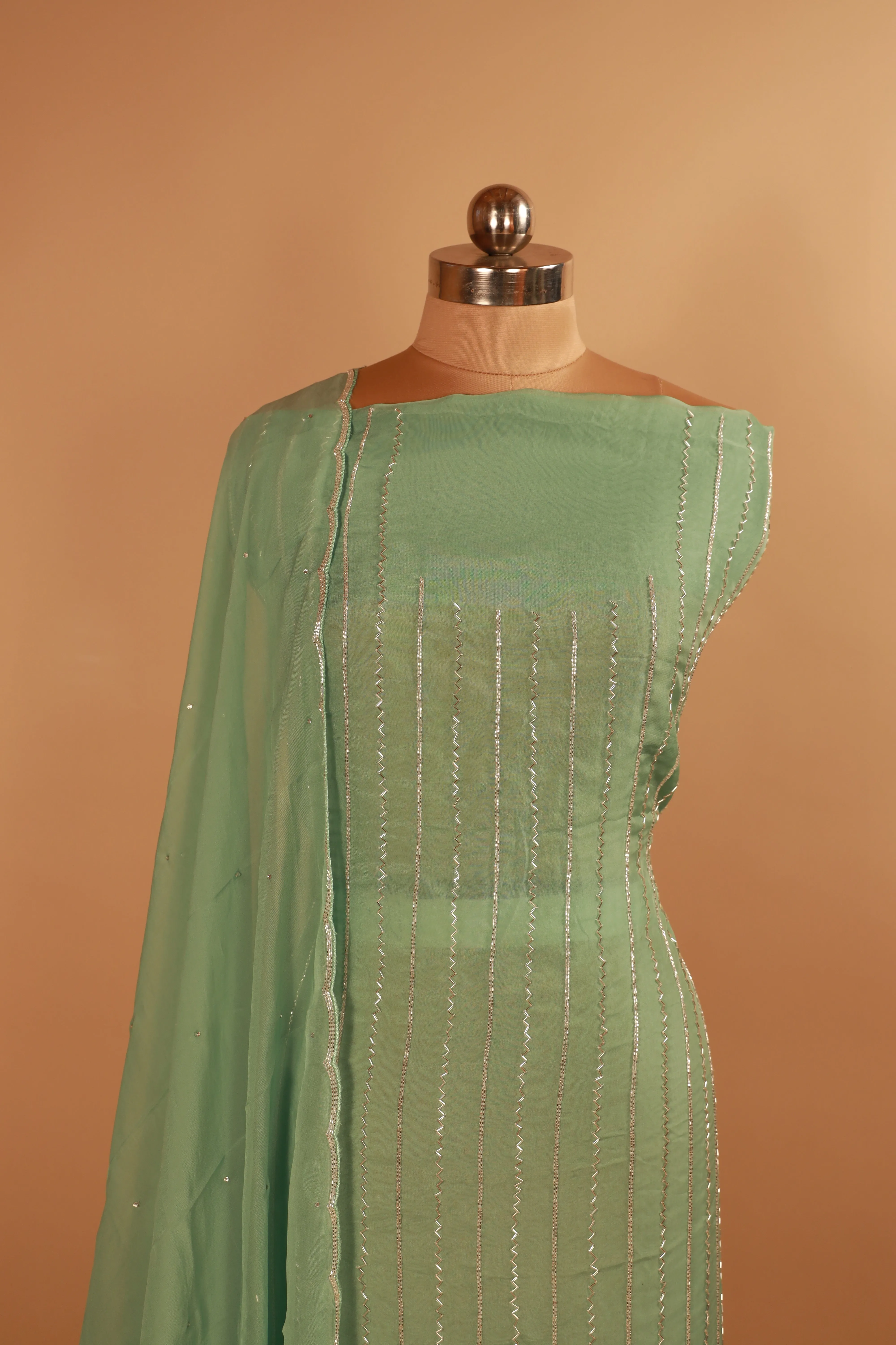 Hand Embroidered Green Organza suit Dupatta