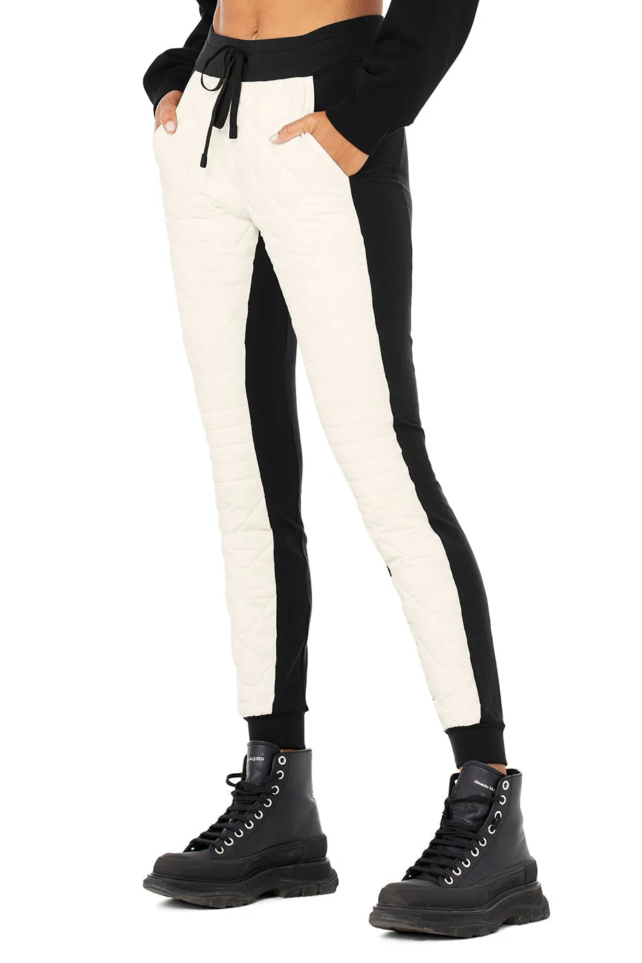 High-Waist Moto Puffer Pant - Black/Ivory