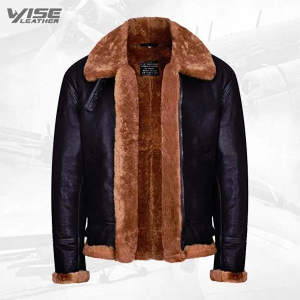 Men's B3 Aviator Ginger Brown Real Shearling Sheepskin Leather Bomber Jacket