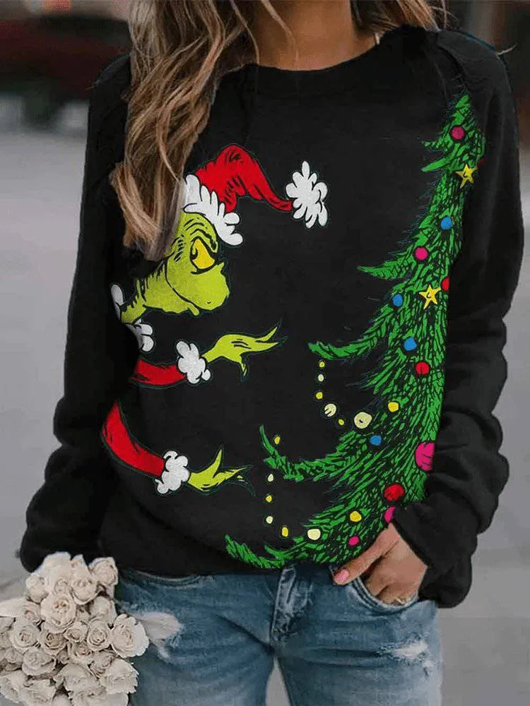 Minerva Long Sleeve Round Neck Christmas Print Sweatshirt