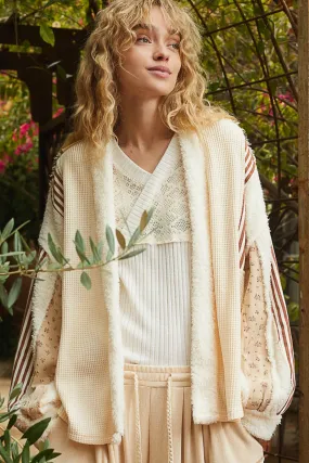 Open Front Waffle Knit Fleece Mix Cardigan