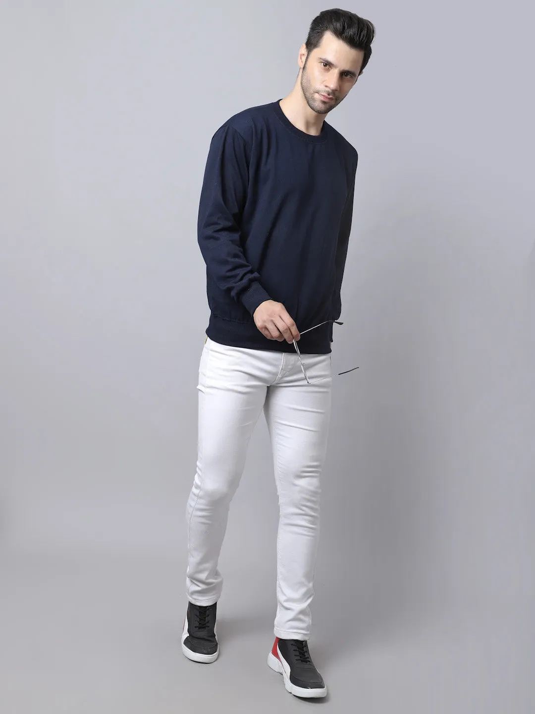 Vimal Jonney Fleece Round Neck Navy Blue Sweatshirt for Men