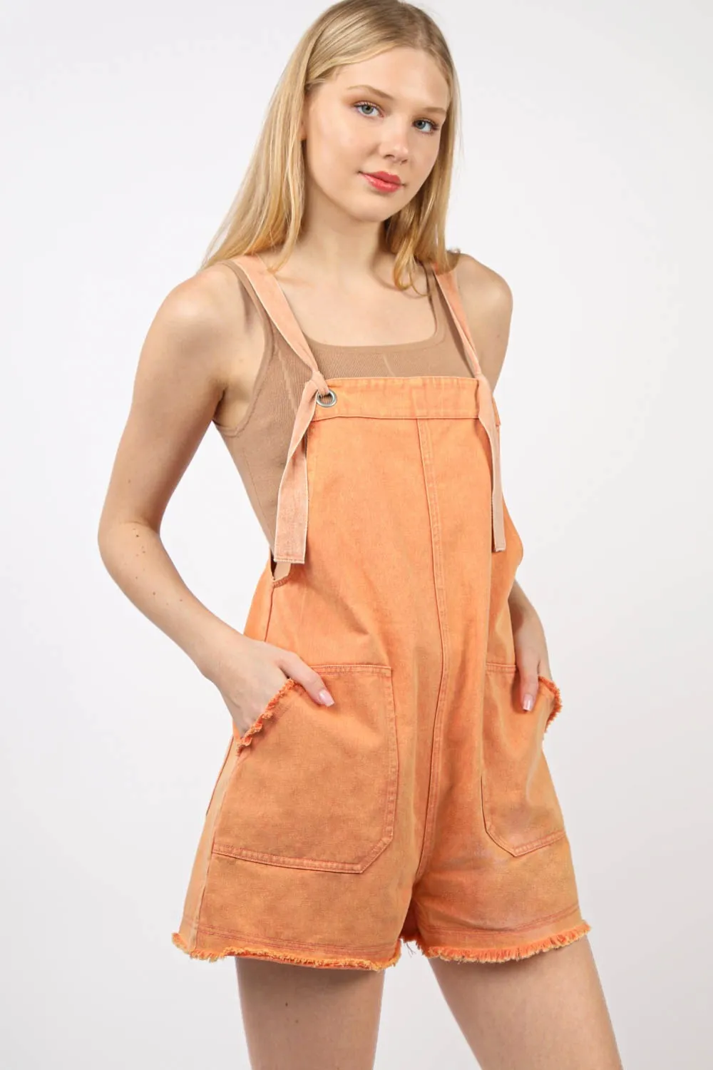 Washed Frayed Hem Denim Overalls